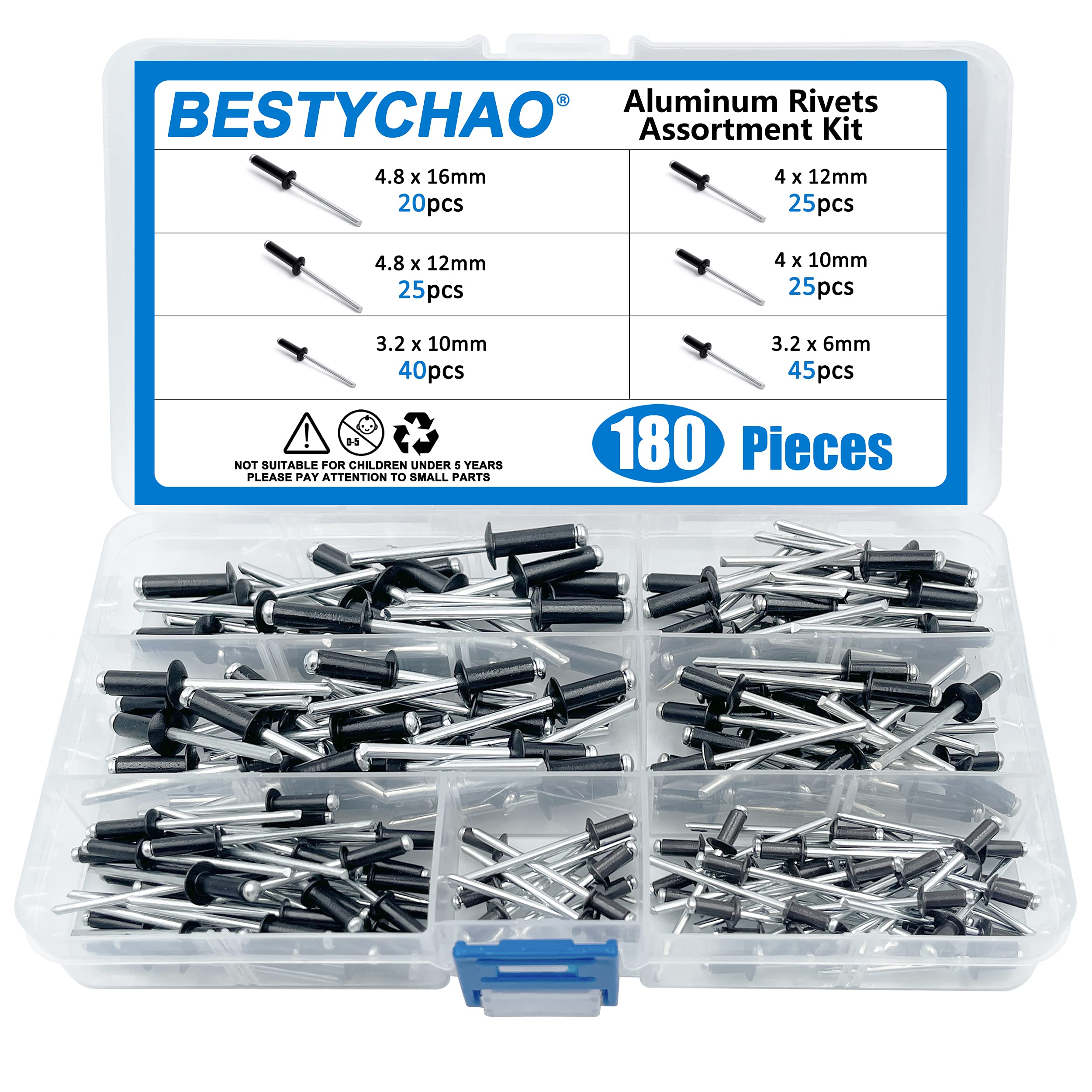 180pcs Aluminum Blind Rivets, BESTYCHAO Pop Rivets Assortment Kit 6 Sizes Black Pop Rivet 3.2mm 4mm 4.8mm