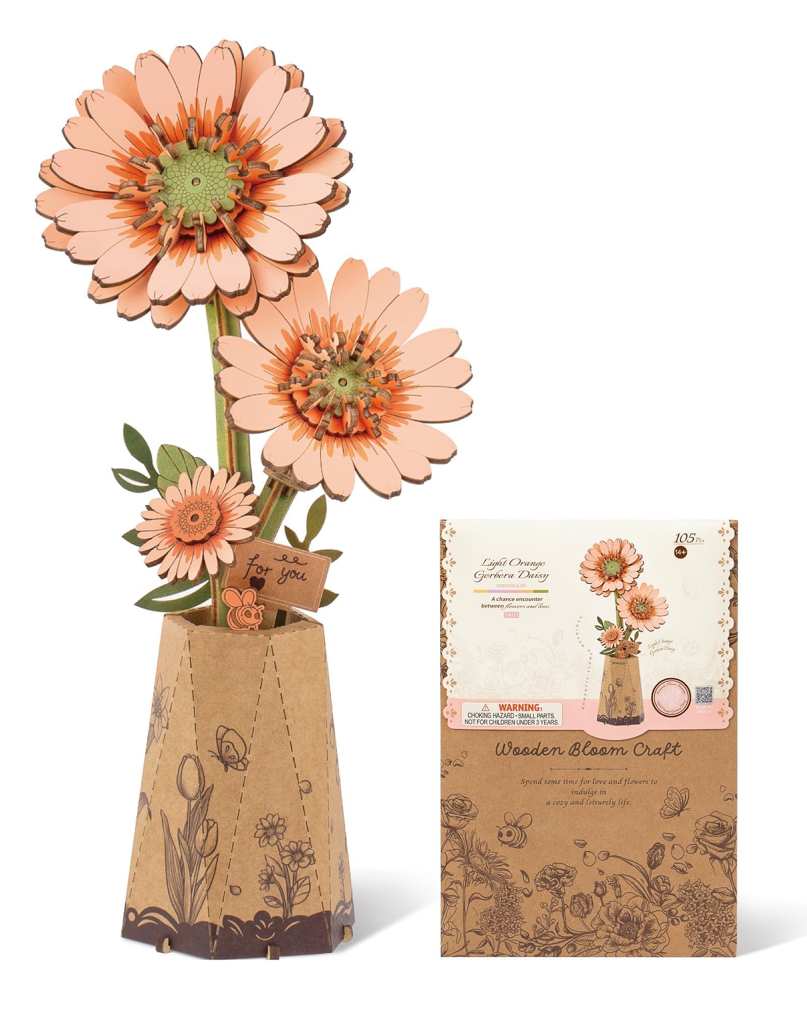 ROBOTIME 3D Wooden Flowers Puzzle Light Orange Gerbera Daisy, Artificial Bloom Jigsaw, Model Kits for Adults to Build, DIY Craft Set, for Valentine's Day, Mother's Day and Christmas