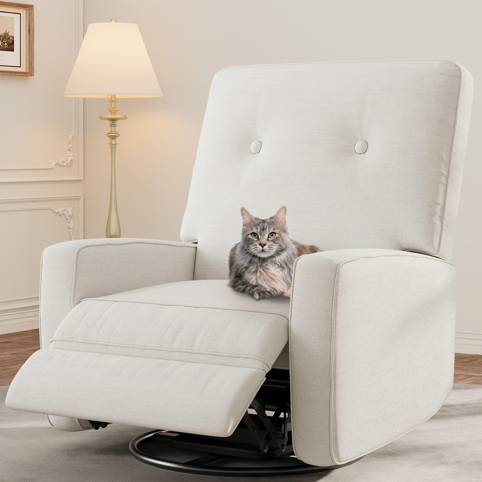 Photo 1 of ***(MISSING PARTS -SELLING AS IS *** 
Recliner Chair, 360° Swivel Rocking Glider Chair for Adults with Adjustable Backrest & Footrest, Cozy Linen Upholstered Armchair for Living Rooms, Bedrooms, Apartments, Beige