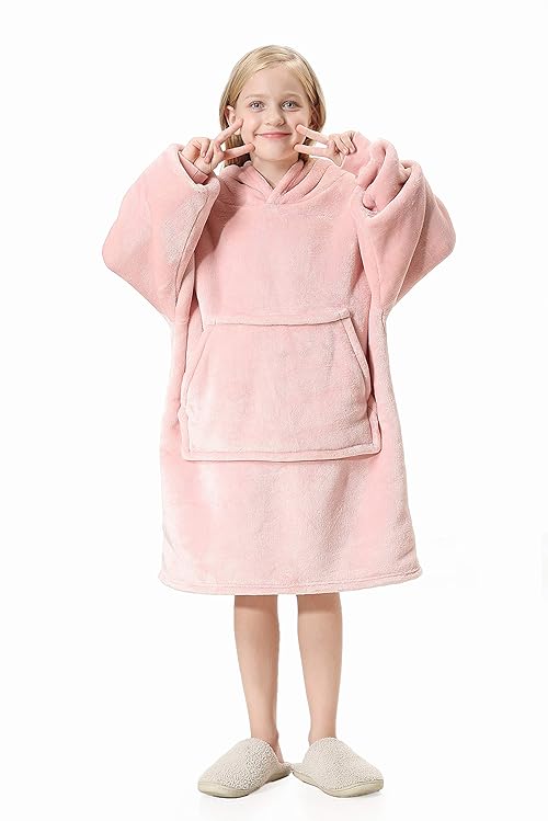 Flannel Kids Children's Hoodie Blankets (Pink), Soft Lightweight Flannel Fabric, Oversized Soft And Cosy