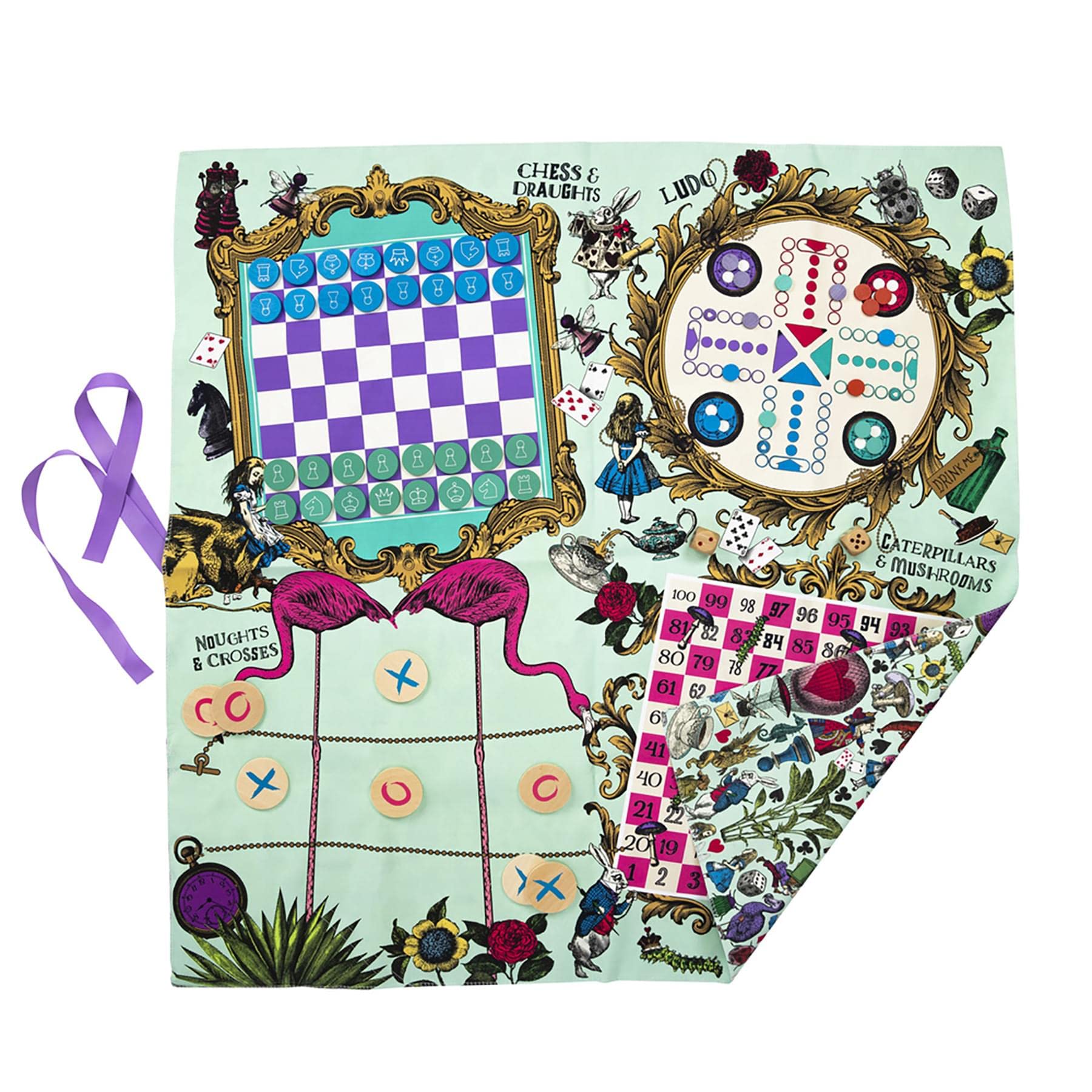 Professor PUZZLE Alice’s Party Games Mat - Alice in Wonderland Themed games mat with 5 classic family games, Chess, Draughts, Noughts & Crosses, Snakes & Ladders.