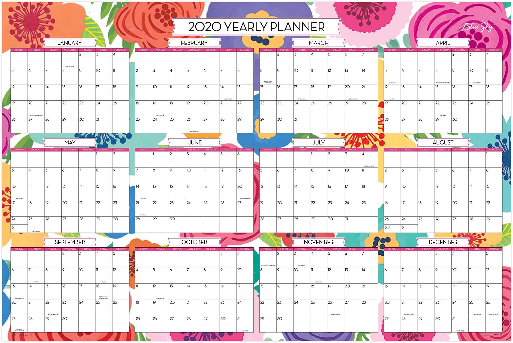 Blue Sky 2019-2020 Academic Year Monthly Laminated Erasable Wall Calendar, Double Sided, 36" x 24", Mahalo