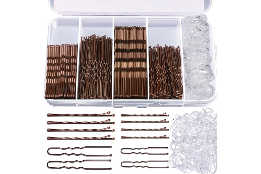 Teenitor 300pcs Bobby Pins Hair Pins Kit, 100 Hair Pin for Women 100 Bobby Pins Brown and 100 Hair Bands, Hair Pins for Buns 2inch 2.36inch 2.75inch