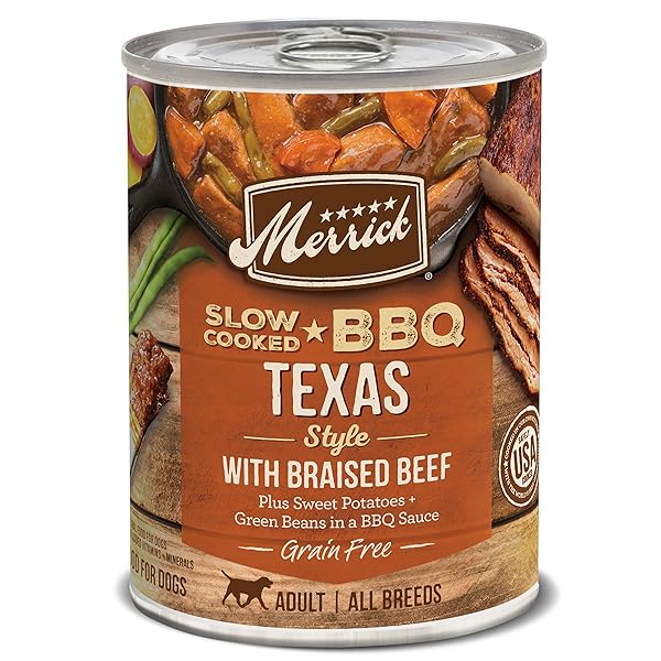 MERRICK SLOW-COOKED BBQ PREMIUM HEALTHY REAL MEAT GRAIN FREE CANNED DOG FOOD, TEXAS STYLE WITH BRAISED BEEF – (PACK OF 12) 12.7 OZ. CANS