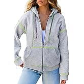 popvil Womens Full Zip Up Hoodies Hooded Grey Oversized Sweatshirts with Pocket Long Sleeve Tops Fall Casual Comfy Jacket