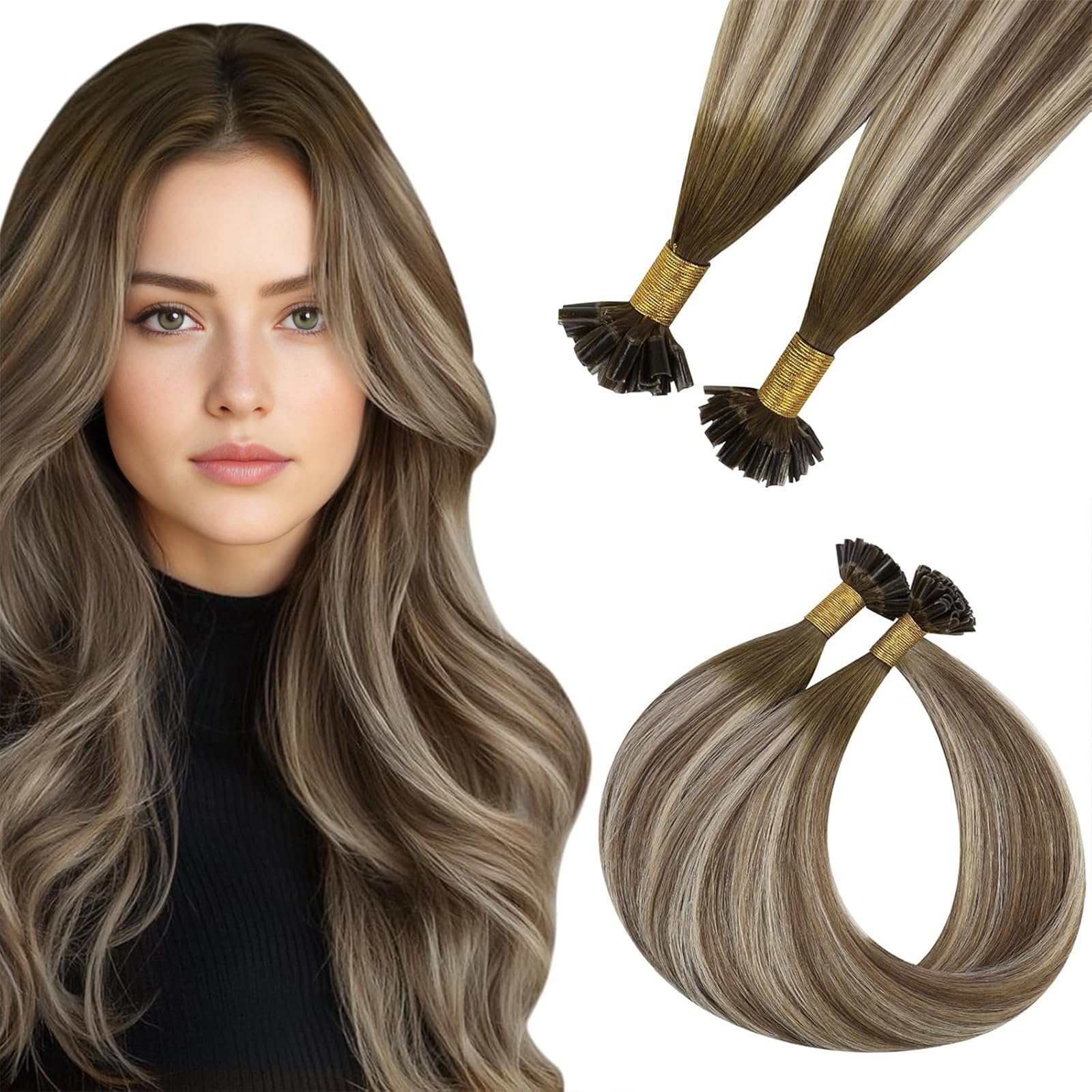 Easyouth U Tips Human Hair Extensions Balayage Pre Bonded Hair Extensions Human Hair U Tip Extensions 18 Inch 50g/50s Hot Fusion U Tip Hair Extensions Human Hair Brown to Blonde Ombre — image 1
