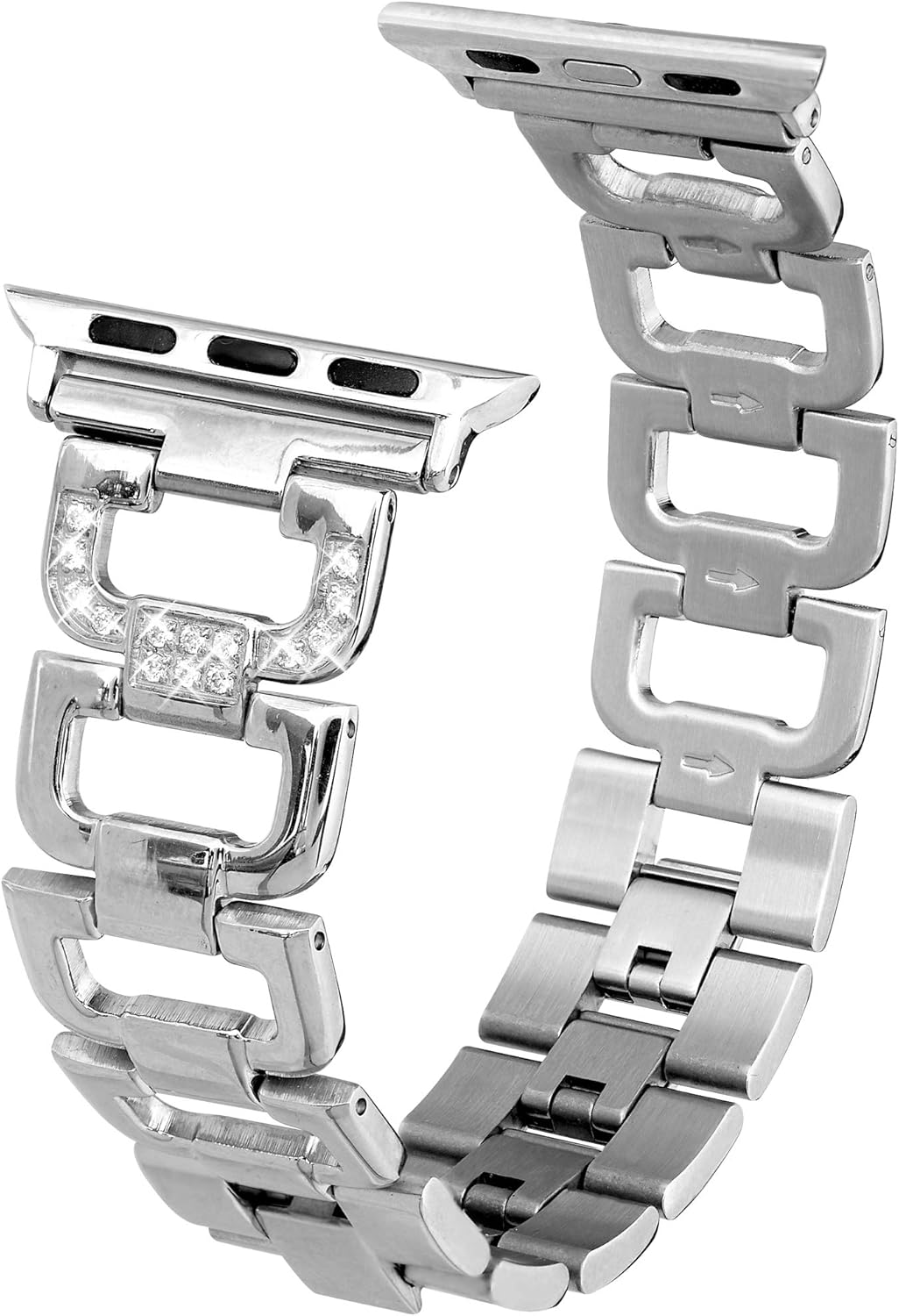 Edgy Tech Compatible Band for Apple Watch – Diamond Rhinestone Studded Stainless Steel Silver Replacement Strap for 38-40mm Series and Models - Elegant D-Link Design Bracelet – Adjustable Size