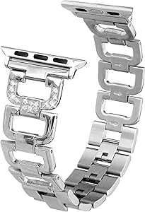 Edgy Tech Compatible Band for Apple Watch – Diamond Rhinestone Studded Stainless Steel Silver Replacement Strap for 38-40mm Series and Models - Elegant D-Link Design Bracelet – Adjustable Size