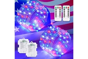 POTIVE 2 Pack Red White and Blue Battery Operated Rope Lights, Total 200 LED 66Ft 4th of July Lights Outdoor, 8 Modes Patriotic Light Waterproof for Independence Day American Flag Decorations