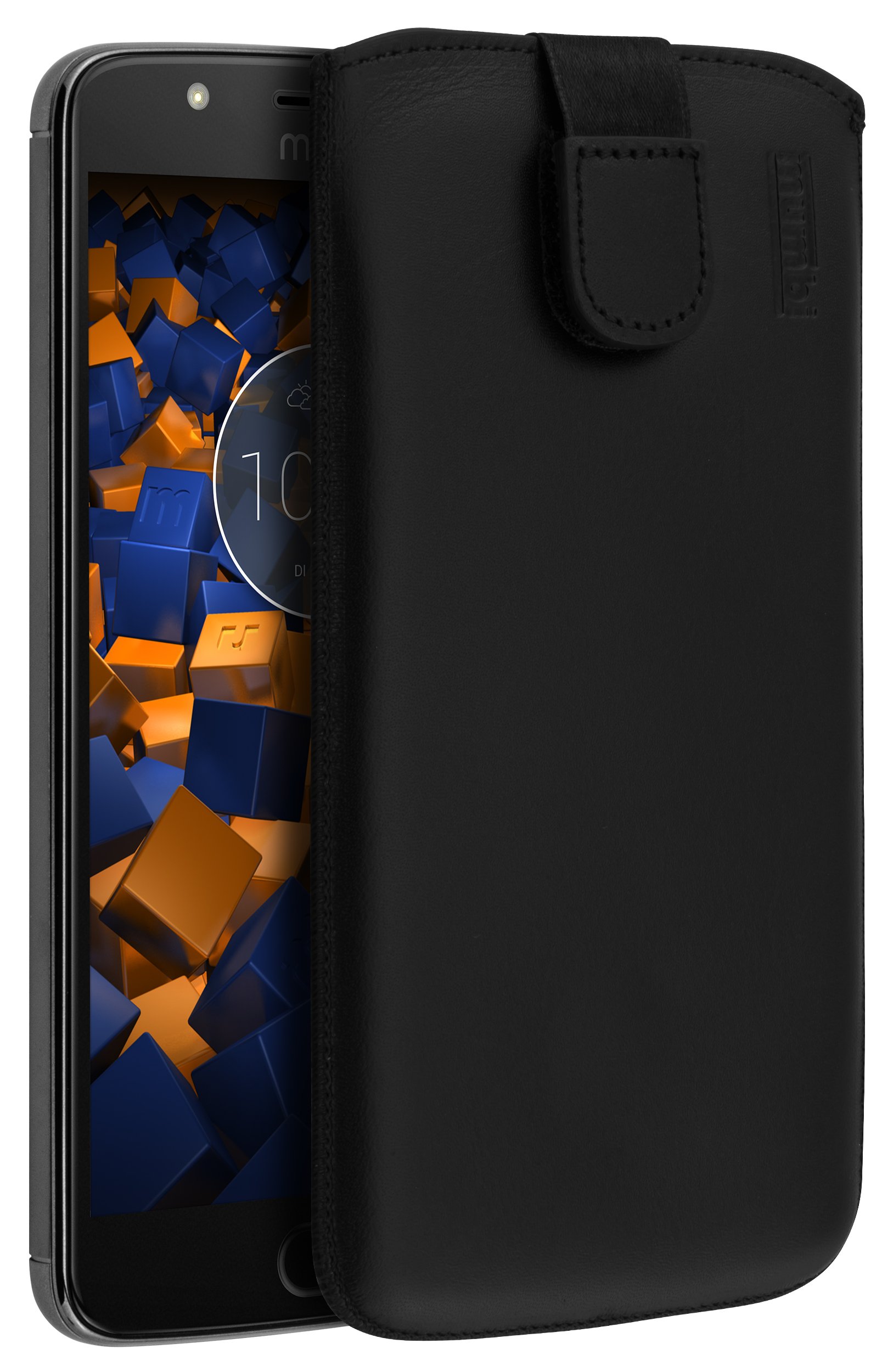 mumbi Genuine Leather Case Compatible with Lenovo Moto E4 with Flap with Pull-Out Tab Black