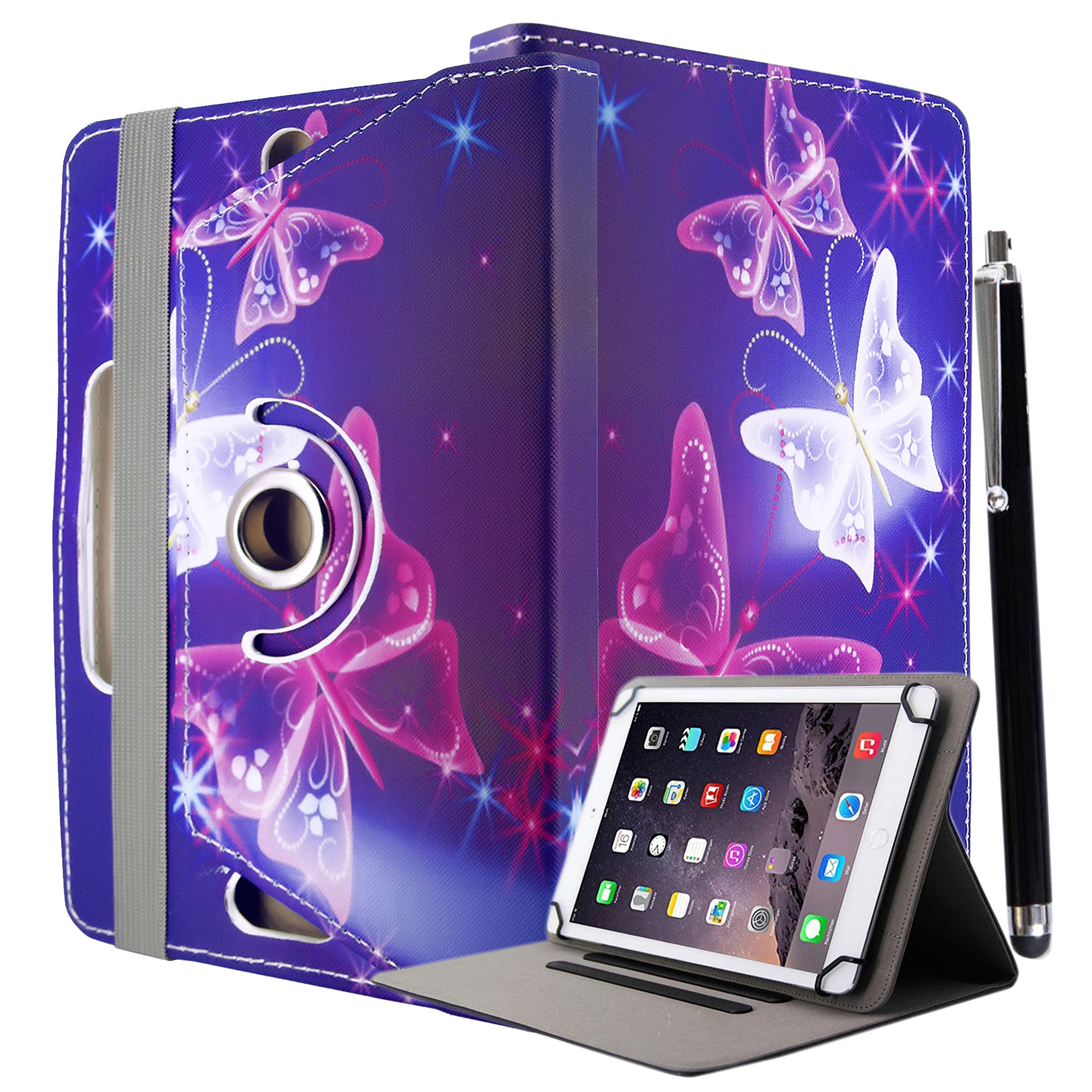 Universal 10 Inch Tablet Case Cover - Premium PU Leather 360 Degree Rotating Stand Folio Wallet Case + Free Stylus Pen (Butterfly Blue)