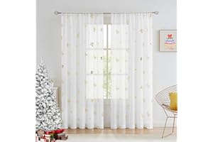 Jubilantex Butterfly White Sheer Curtain Panels for Kids Nursery Girl, Gold Print Toddler Linen Textured Voile Rustic Rod Pocket Drapes 84 Inch for Farmhouse, Living Room, Bedroom, 2 Panels