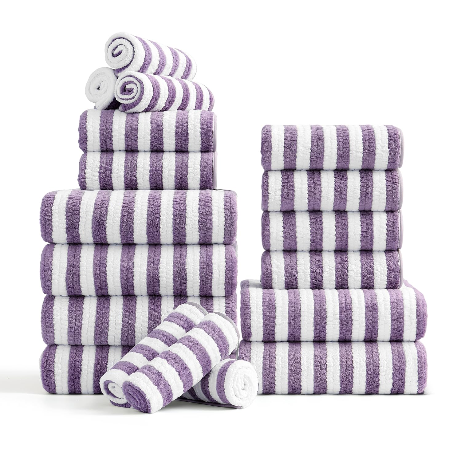 Photo 1 of 18-Piece Microfiber Bath Towels Set - 6 Bath Sheet, 6 Hand Towels, 6 Washcloths, Soft, Highly Absorbent Bathroom Towel, Quick Dry & Less Lint Shower towel for Bathroom, Hotel, Spa, Dorm-Dark Purple