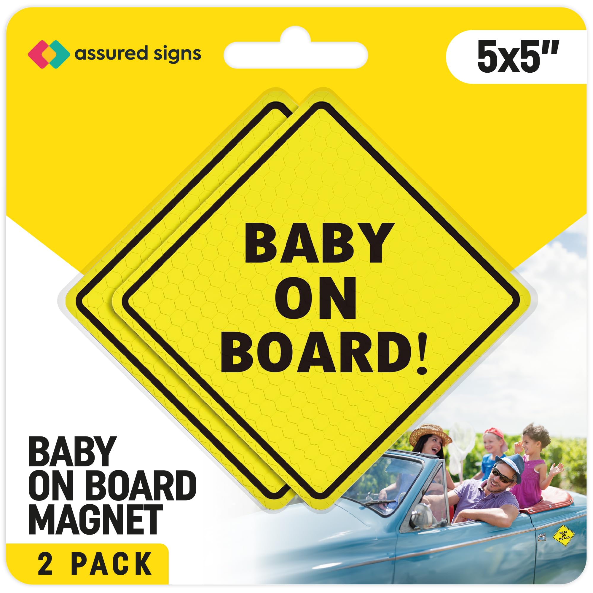 Baby On Board Magnet for Car - Essential Magnetic Sticker Sign for Bumper - 2 Pack, 5" by 5" - Bright Yellow and Reflective - Best Safety Sign Accessories for Cars