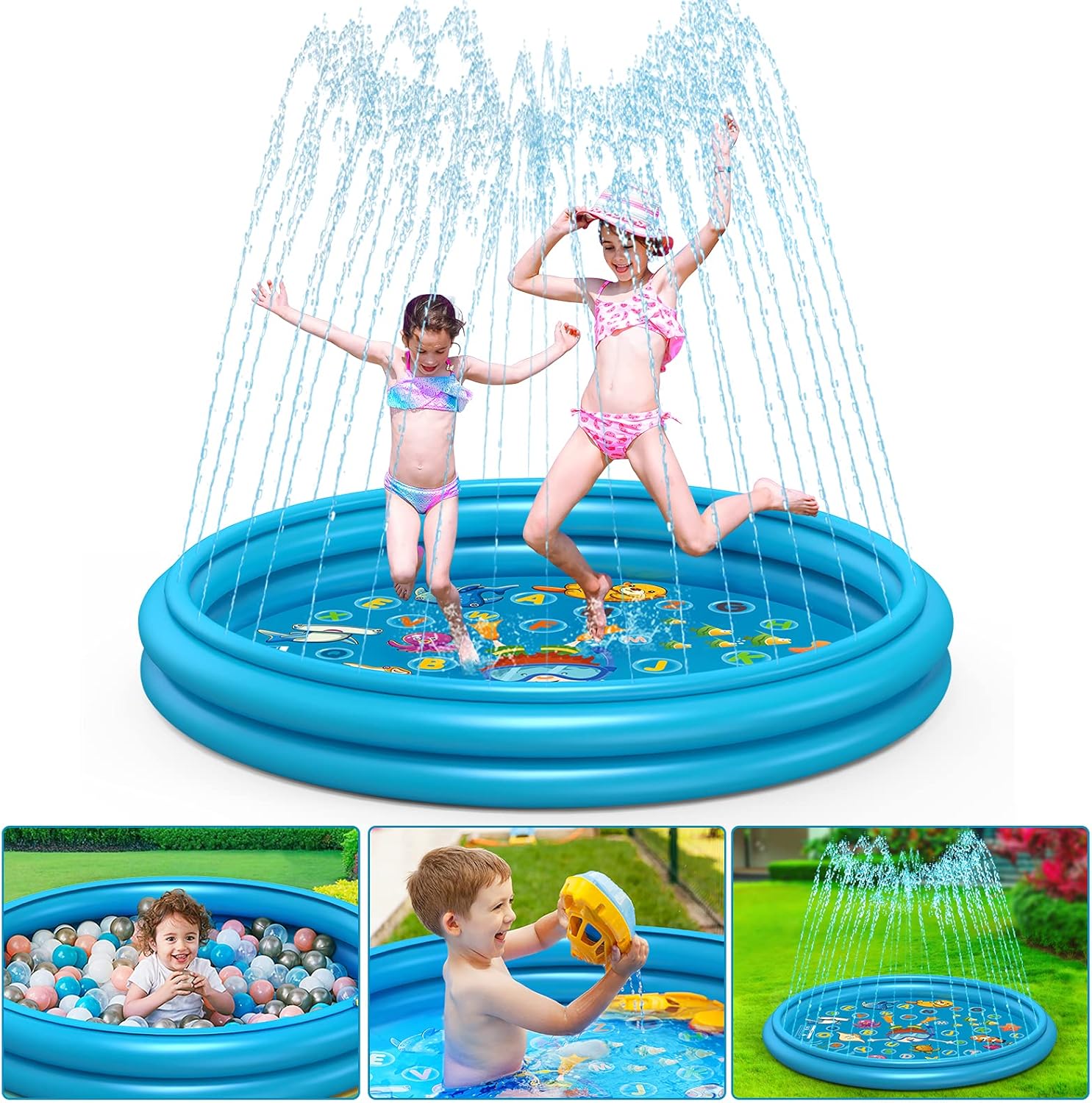 Coolkesi 3-in-1 Splash Pad, Premium Sprinkler for Kids Toddlers - 22% Thicker Durable PVC, 60" Inflatable Wading Swimming Kiddie Pool for Summer Yard, Fun Outdoor Water Toys Play Mat for Baby Learning: Toys & Games