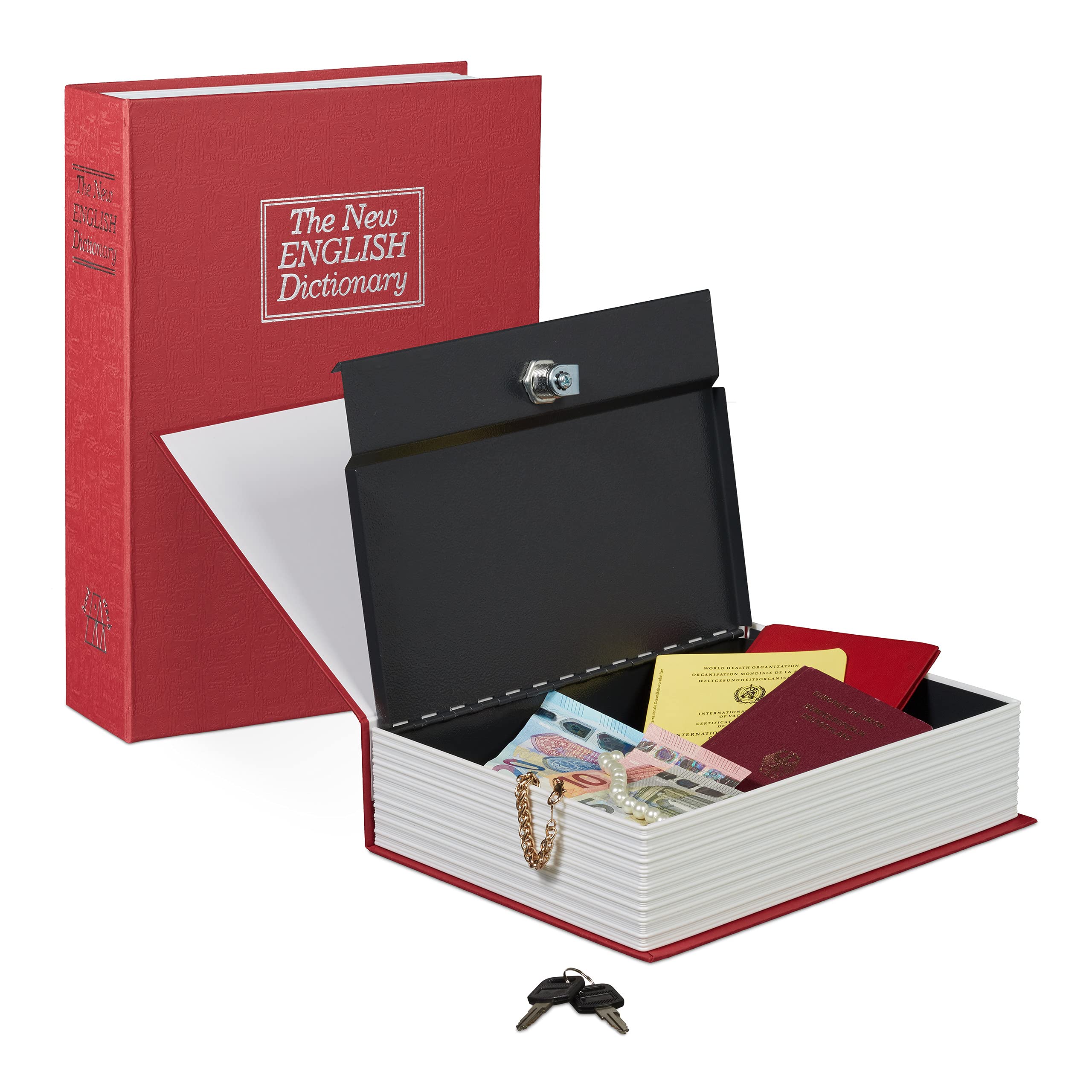 Relaxdays Large Book Safe, Locking, Steel Cash Box, 2 Keys, HxWxD: 27 x 20 x 6.5 cm, Diversion Safe, Red