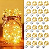 24 Pack Fairy Lights Battery Operated [3 Modes] 7ft 20 LED Mini Twinkle String Lights Waterproof Silver Wire Firefly Starry Lights for Wedding Party Mason Jars Christmas Decorations, Warm White