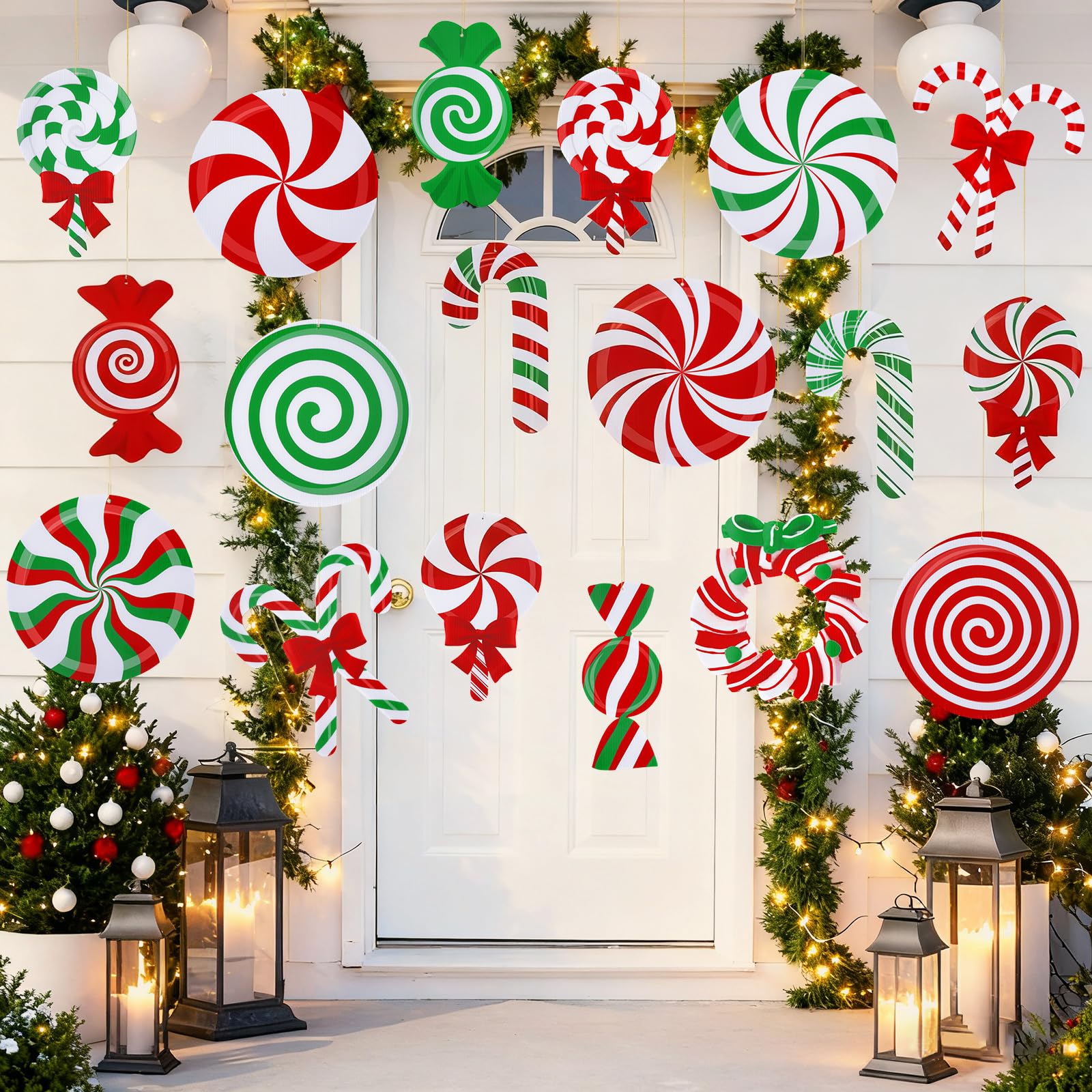 Photo 1 of 16 Pcs Candy Christmas Decorations Outdoor, Waterproof Large Double Sided Peppermint Christmas Candy Cane Hanging Ornaments for Yard Xmas Tree Porch Lawn Garden Holiday Party Decorations