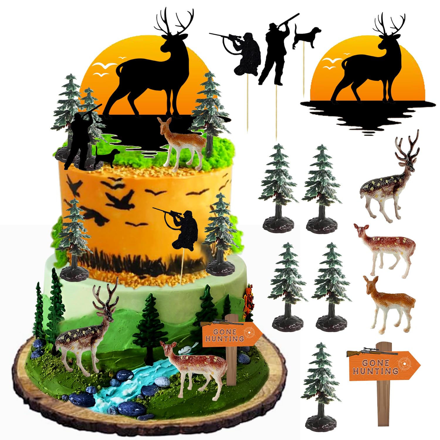 Photo 1 of 13PCS Deer Hunting Cake Topper Deer Hunter Cake Decoration Set Deer Tree Green Camo Hunting Birthday Decorations for Camo Camping Hunting Birthday Baby Shower Party Supplies