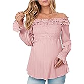 OUGES Womens Cotton Blend Off The Shoulder Maternity Tops Smocked Ruffle Sleeve Blouse Going Out Pregnancy Shirts 2025