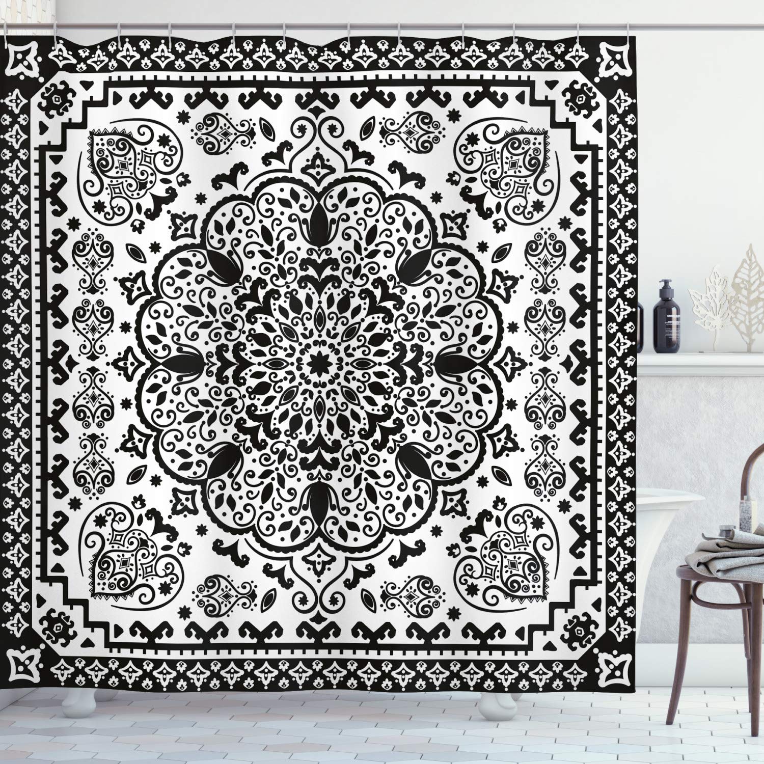 ABAKUHAUS Ethnic Shower Curtain, Mandala Floral Lace Paisley Mehndi Design Lace Image Art, Cloth Fabric Bathroom Decor Set with Hooks, 70 Inches, Charcoal Grey White
