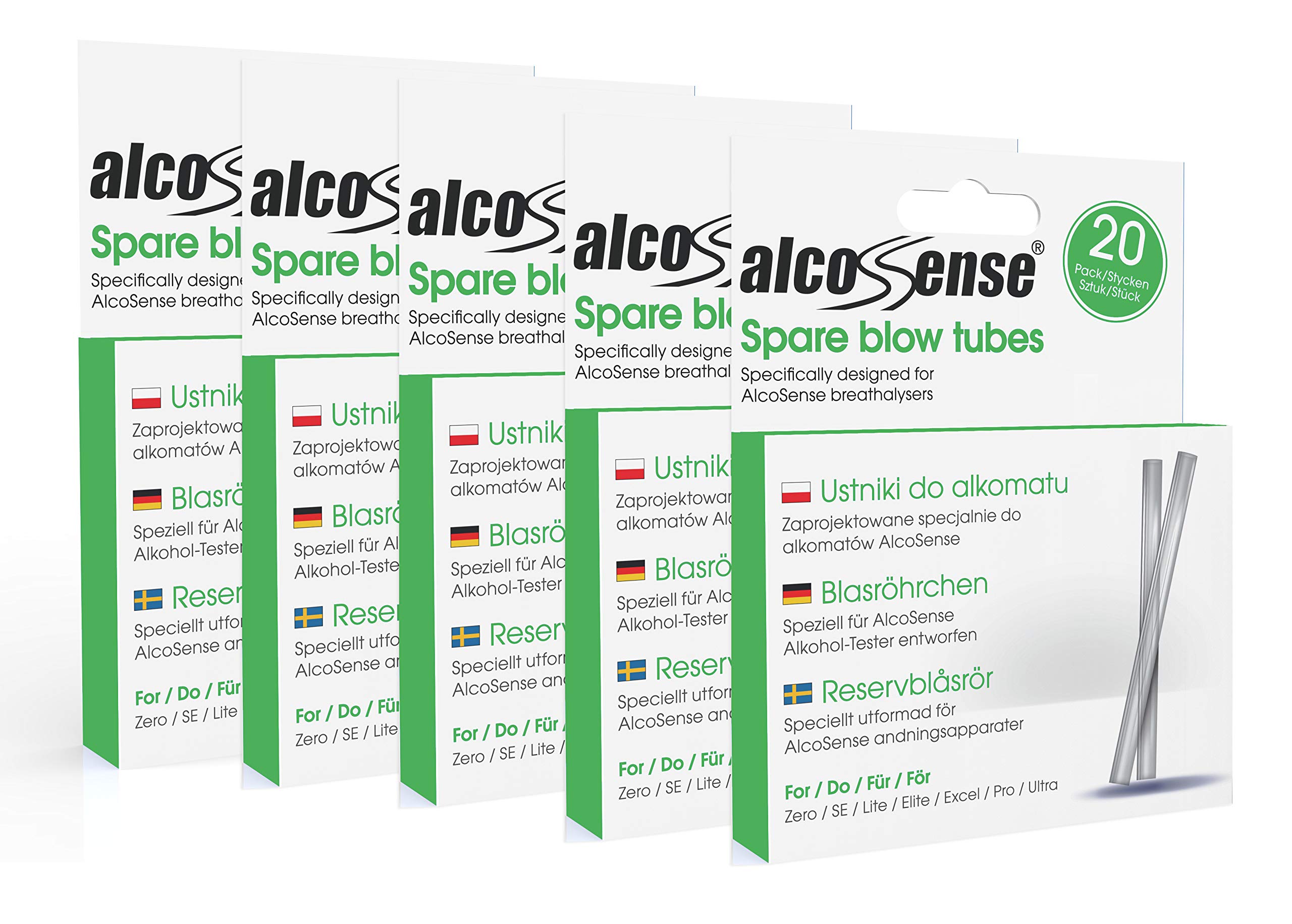 AlcoSense 100 Breathalyser Blow Tubes (5 Packs of 20) - Suitable for the Zero, Lite, Lite 2, Elite, Elite 2, Elite 3, Excel, Pro and Ultra Breathalyzer