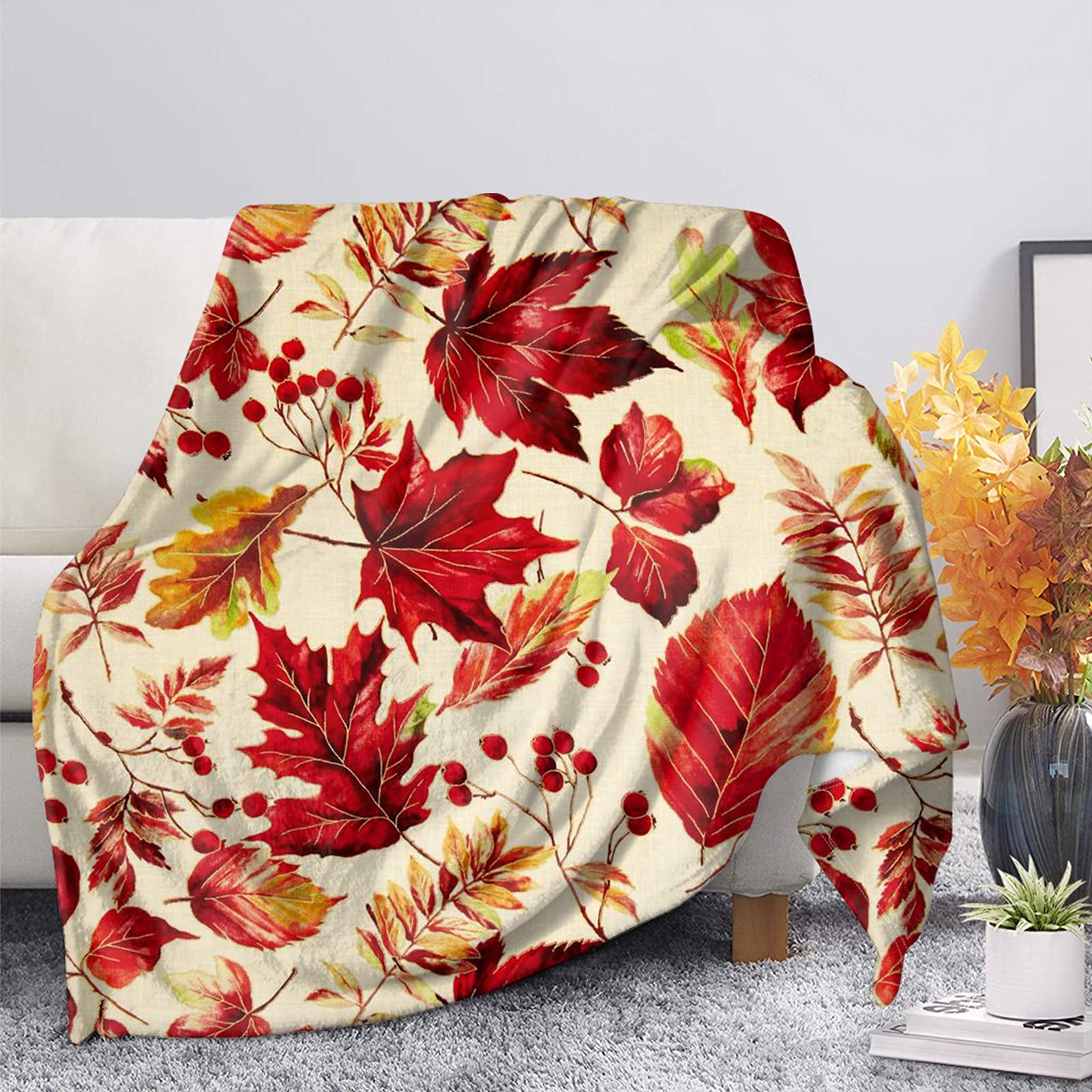 HUGS IDEA Maple Leaf Blanket Autumn Thanksgiving Decoration, Red Maple Berry Flower Blossom Print, Snug Soft Comfortable Throws Basic Size& Full Size-M — image 1