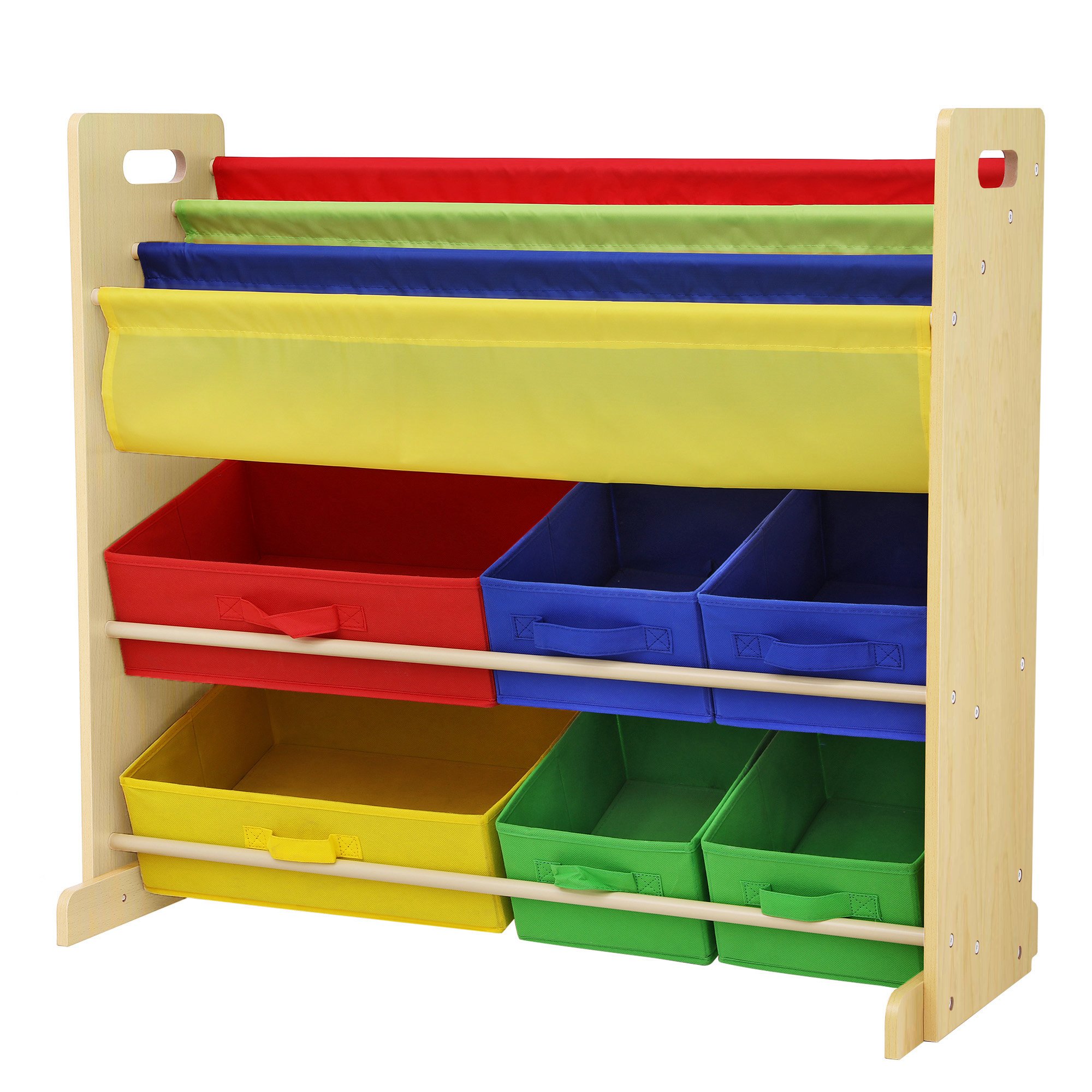 SONGMICS Kids' Toy Storage Unit Sling Bookcase Rack With 6 Fabric Bins And 3Tier Book Shelf