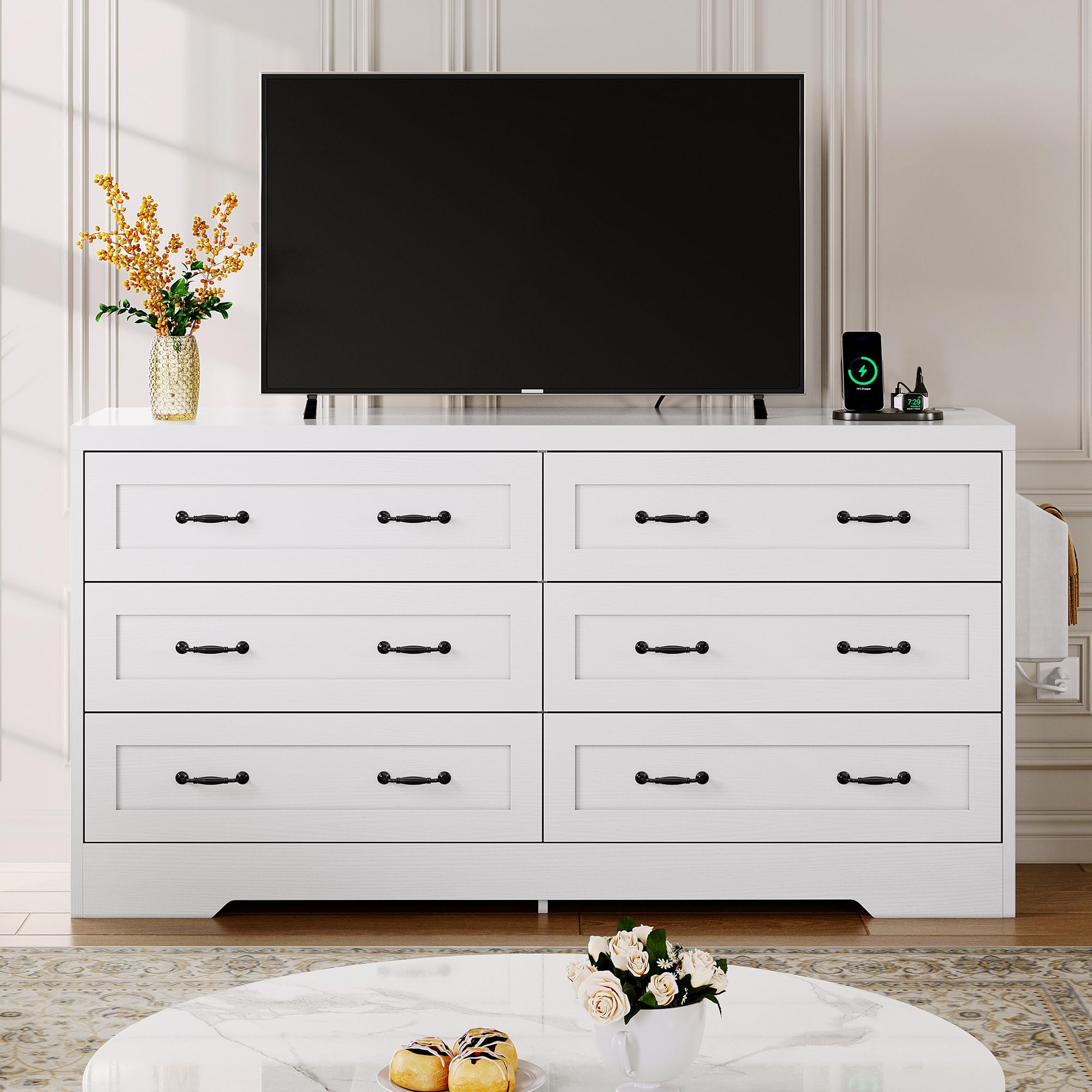 Photo 1 of YITAHOME White Drawers TV Stand for 65 inches with Power Outlets -Chest of Drawers Dresser with Side Organizer Bag Entertainment Center TV Console, White