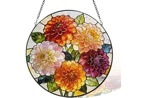 Stained Glass Window Hanging, Colorful Flowers Chrysanthemum Suncatcher Sun Catcher Glass Panel for Window Garden, Hanging Or