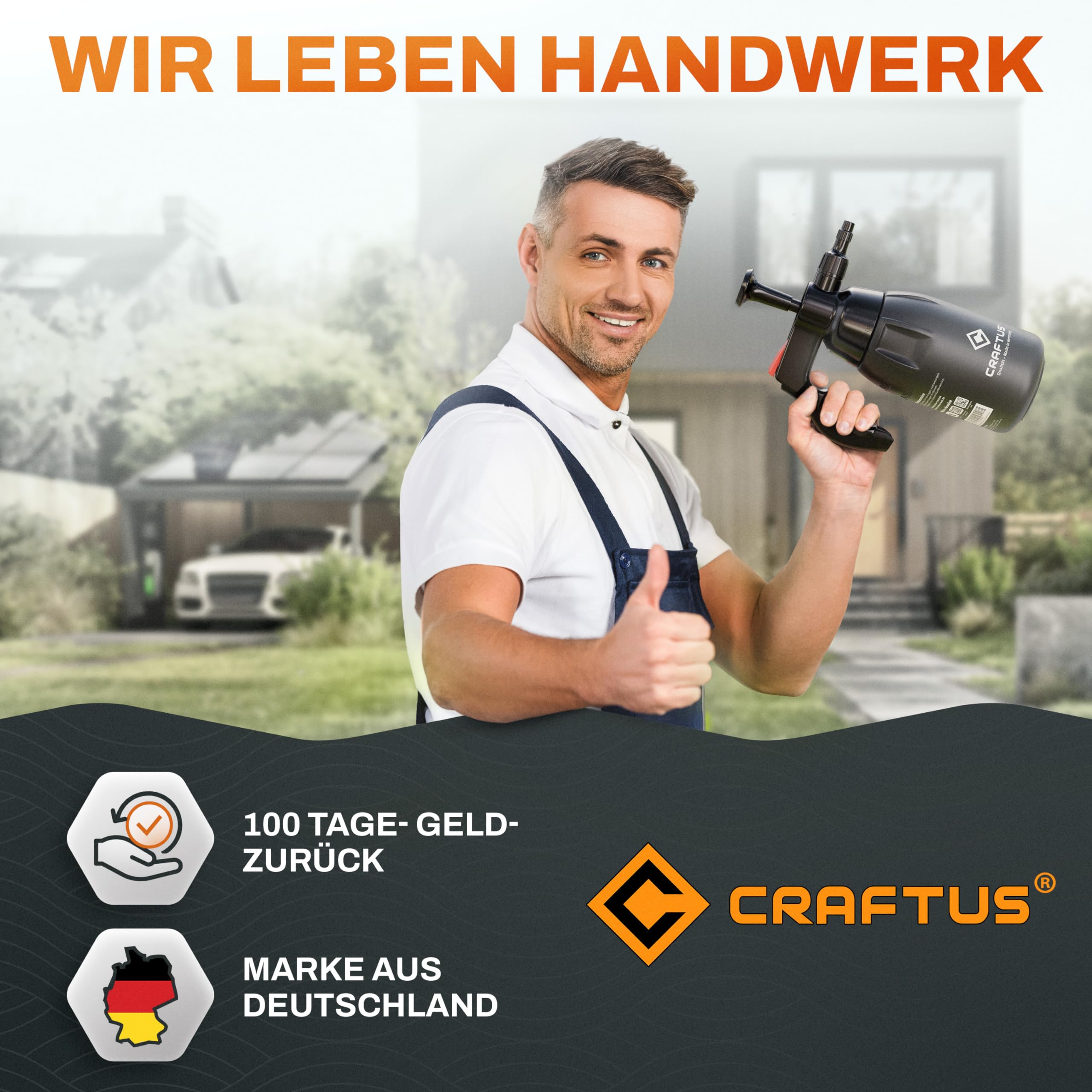 CRAFTUS® Drucksprüher 1L für gleichmäßige Verteilung von Flüssigkeit I Pumpsprühflasche für KFZ, Haus, Garten, Reinigungsmittel UVM. I Pumpflasche mit Überdruckventil & Verstellbarer Düse 7