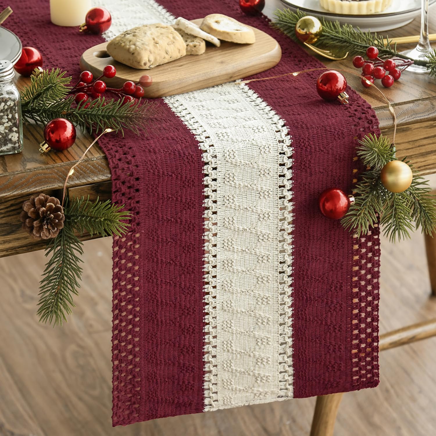 Photo 1 of Artoid Mode Red Farmhouse Rustic Table Runner, Seasonal Hollow Kitchen Dining Table Decoration for Home Party Decor 12x48 Inch