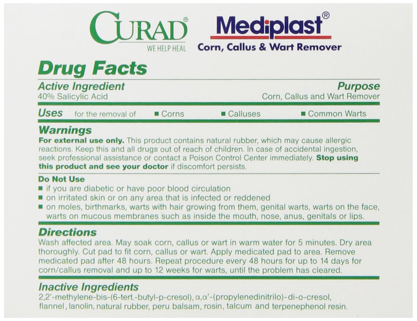 Curad - CUR01496 Mediplast (25 Pads) Corn, Callus, & Wart Remover, 40% Salicylic Acid Pads for topical removal of corns, callus, or plantar warts: Industrial & Scientific