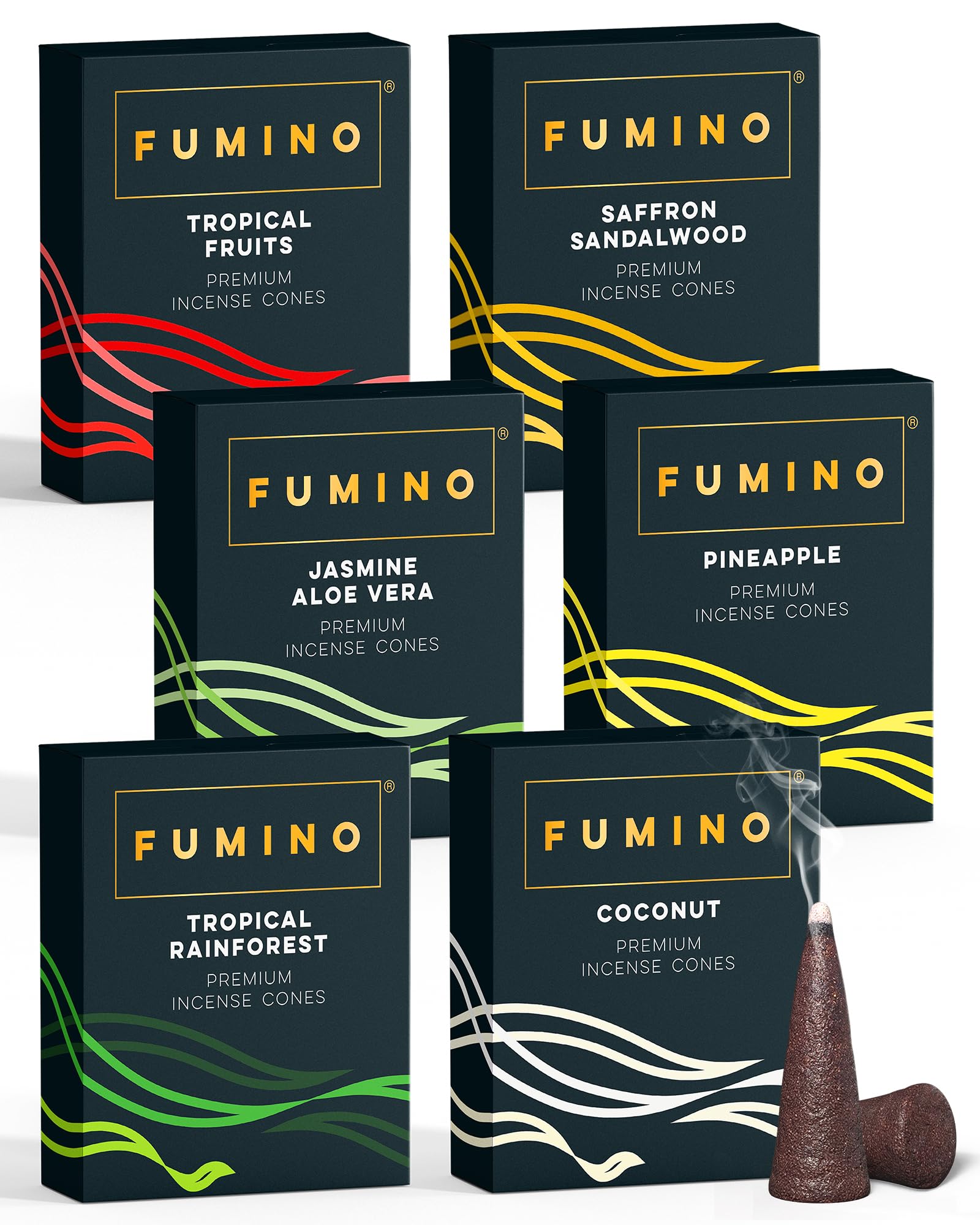 Incense Cones Fumino Fresh Multipack Tropical Tastes Bundle 6 Boxes 90 Pieces Masala Agarbatti Joss Fragrance for Relaxation and Meditation, Home and House Decor Scent