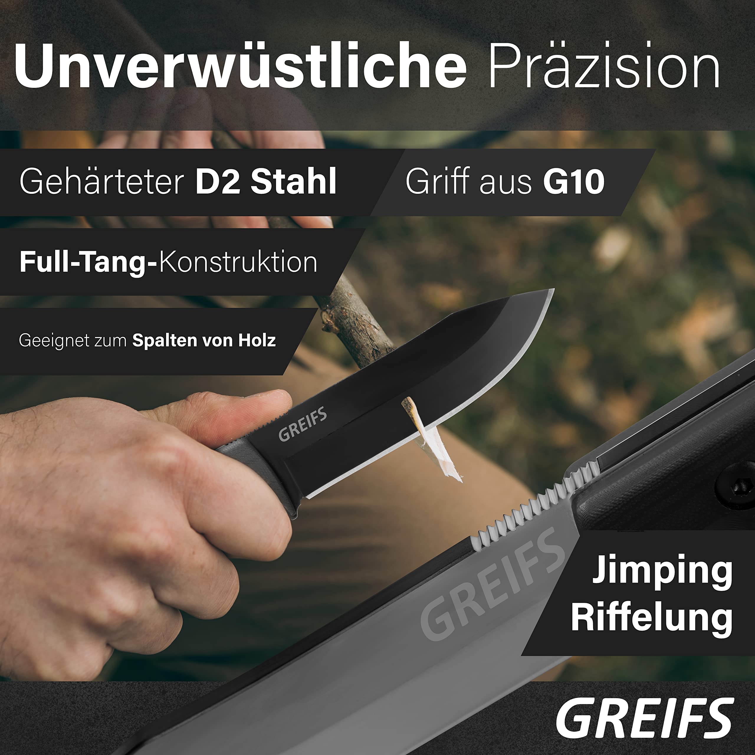 GREIFS® Outdoor-Messer aus D2 Stahl mit Kydex Holster und Feuerstahl, edles Survival Messer für die Bushcraft Ausrüstung, Jagdmesser, Schnitzmesser, Fahrtenmesser (Milan/Schwarz) 2