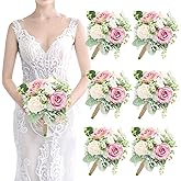 Pink Bridesmaids Bouquets Set of 6 - 7 Inch Artificial Flowers Bridesmaid Bouquet for Wedding Pre-Made Rustic Rose Small Floral Bouquets for Bridal Shower Marriage Proposal Party Anniversary Decor