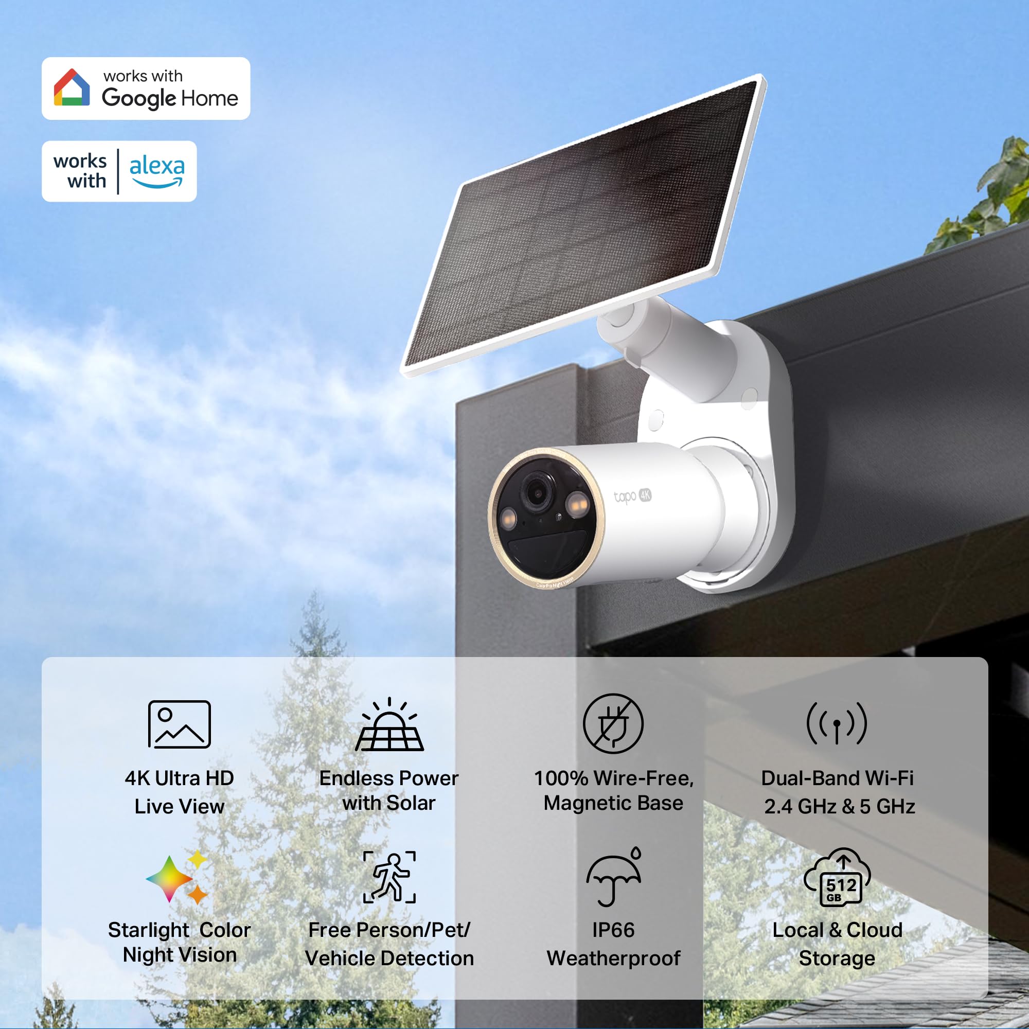 Tapo MagCam 4K Solar, 4K Ultra HD Outdoor Wireless Battery Camera w/Solar Panel – 24/7 Capture, Free Person/Vehicle Detection, Starlight Color Night Vision, Works w/Alexa & Google Home