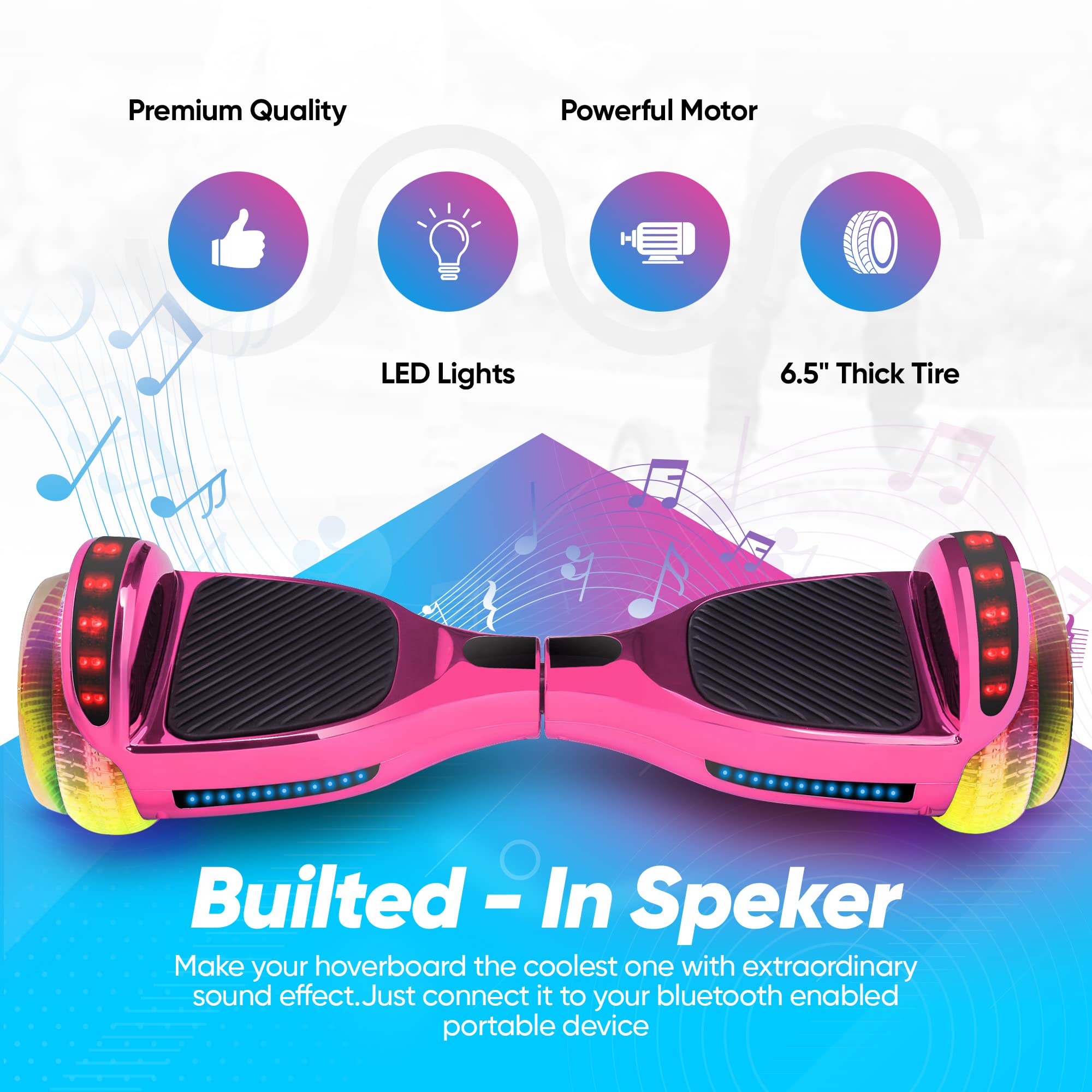 EMAXUSA, 6.5” Self Balancing Scooters for Kids Ages 6-12, Bluetooth Hoover Board with Tunnel Light Style Wheels & Non-Slip Footpads, UL2272 Safety Certified