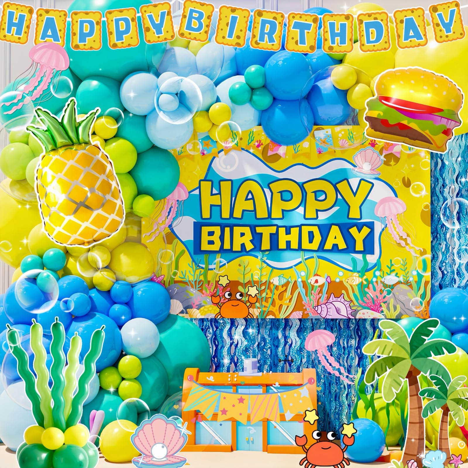 Sponge Birthday Decorations Kit - 153Pcs Under the Sea Party Supplies with Balloon Arch, Backdrop & Video Guide - All-in-One Vibrant Decor for Kids & Teens Birthday, Easy No-Stress Setup