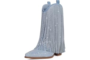 Ouepiano Cowboy Boots for Women - Cowgirl Rhinestone Boots with Sparkly Fringe Pointed Toe Western Ankle Boots & Booties Chunky Heel Pull-On