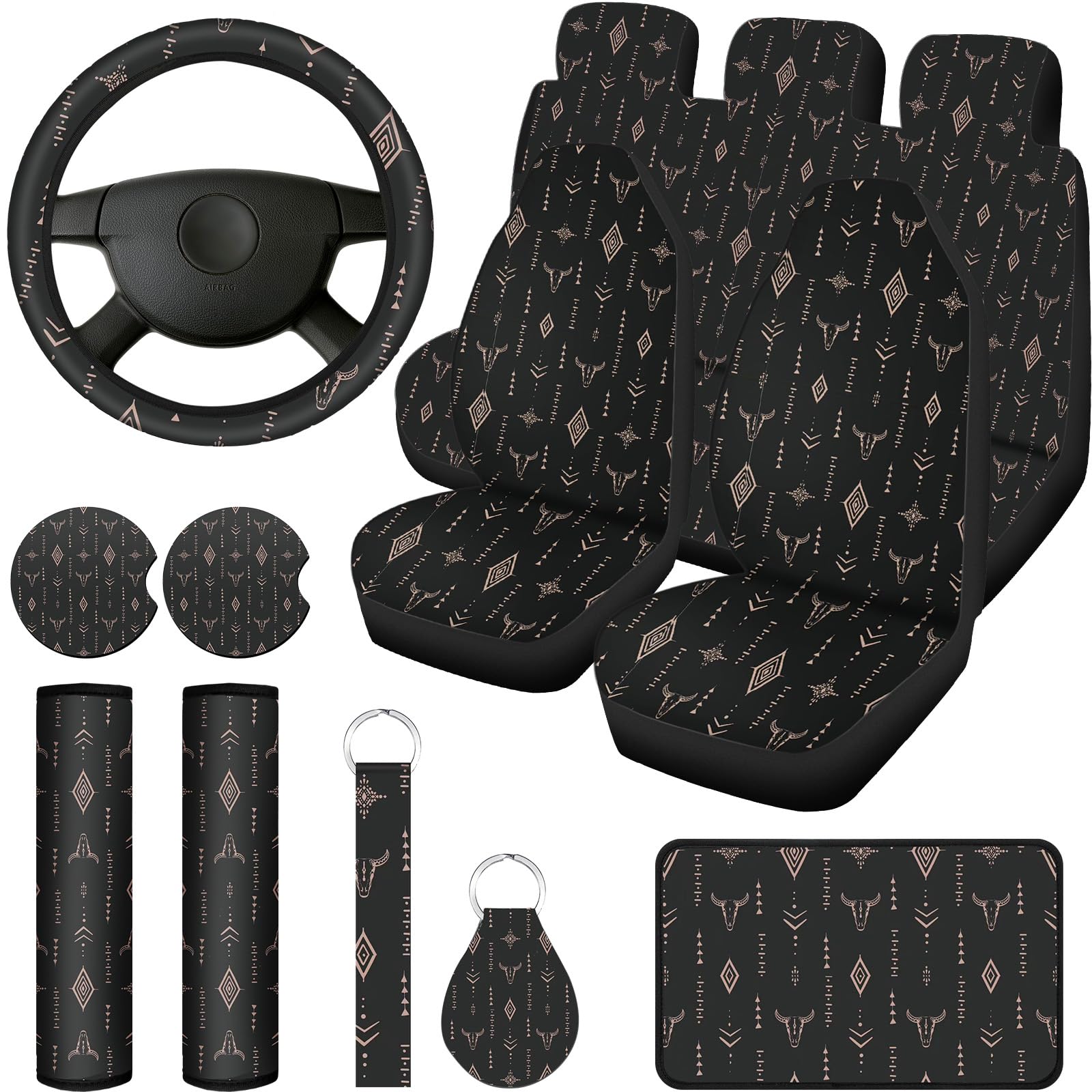 Photo 1 of Frienda 13 Pcs Western Print Car Seat Cover Full Set for Women Men Print Car Accessories Rubber Steering Wheel Armrest Pad Cover Seat Belt Pads Wrist Holder Keychain, Gray and Black