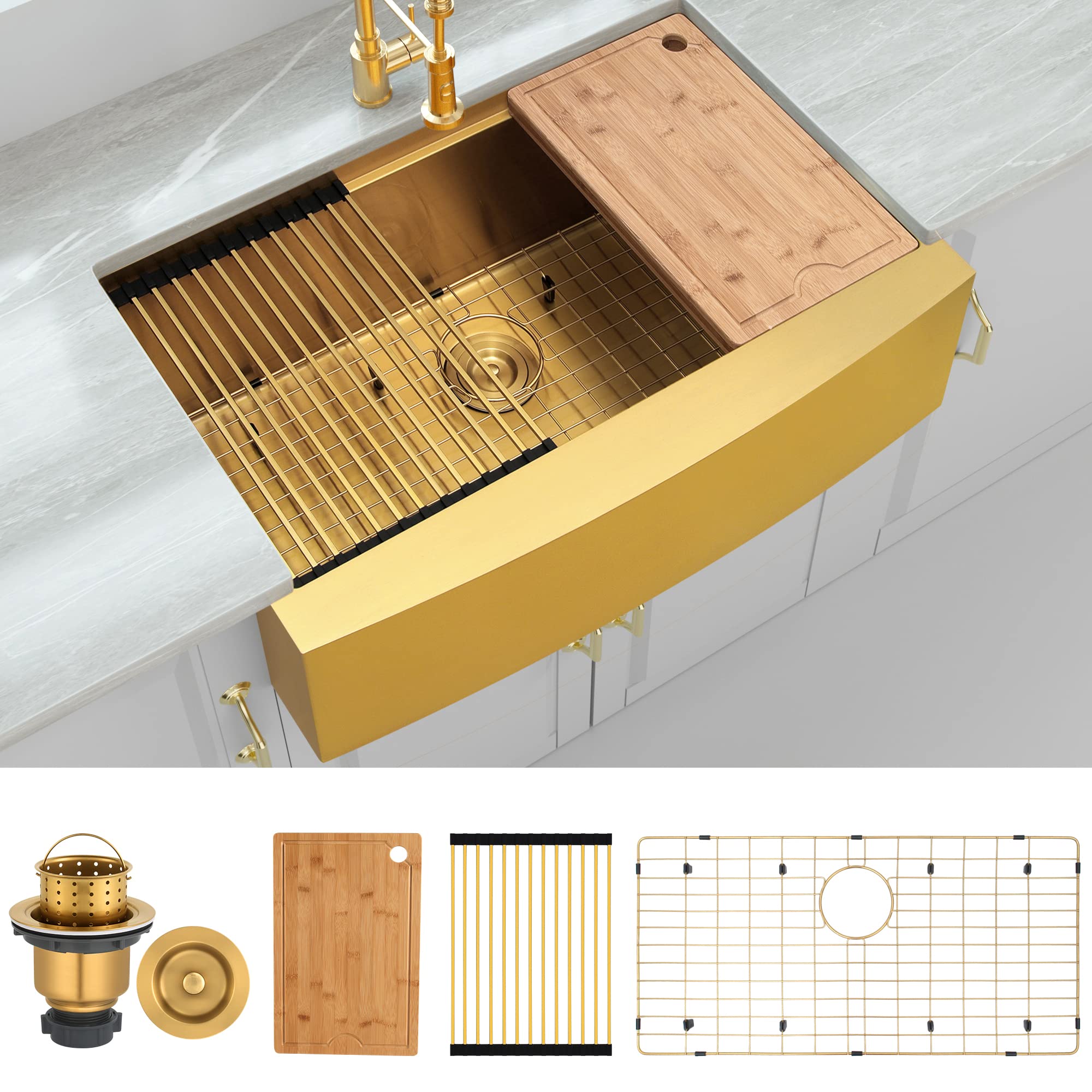 MONSINTA 33 Inch Gold Farmhouse Sink, 12 Gauge Deep Kitchen Sink, Single Bowl Kitchen Sink, Stainless Steel Farmhouse Kitchen Sink with Cutting Board, Farmhouse Apron Front Sink