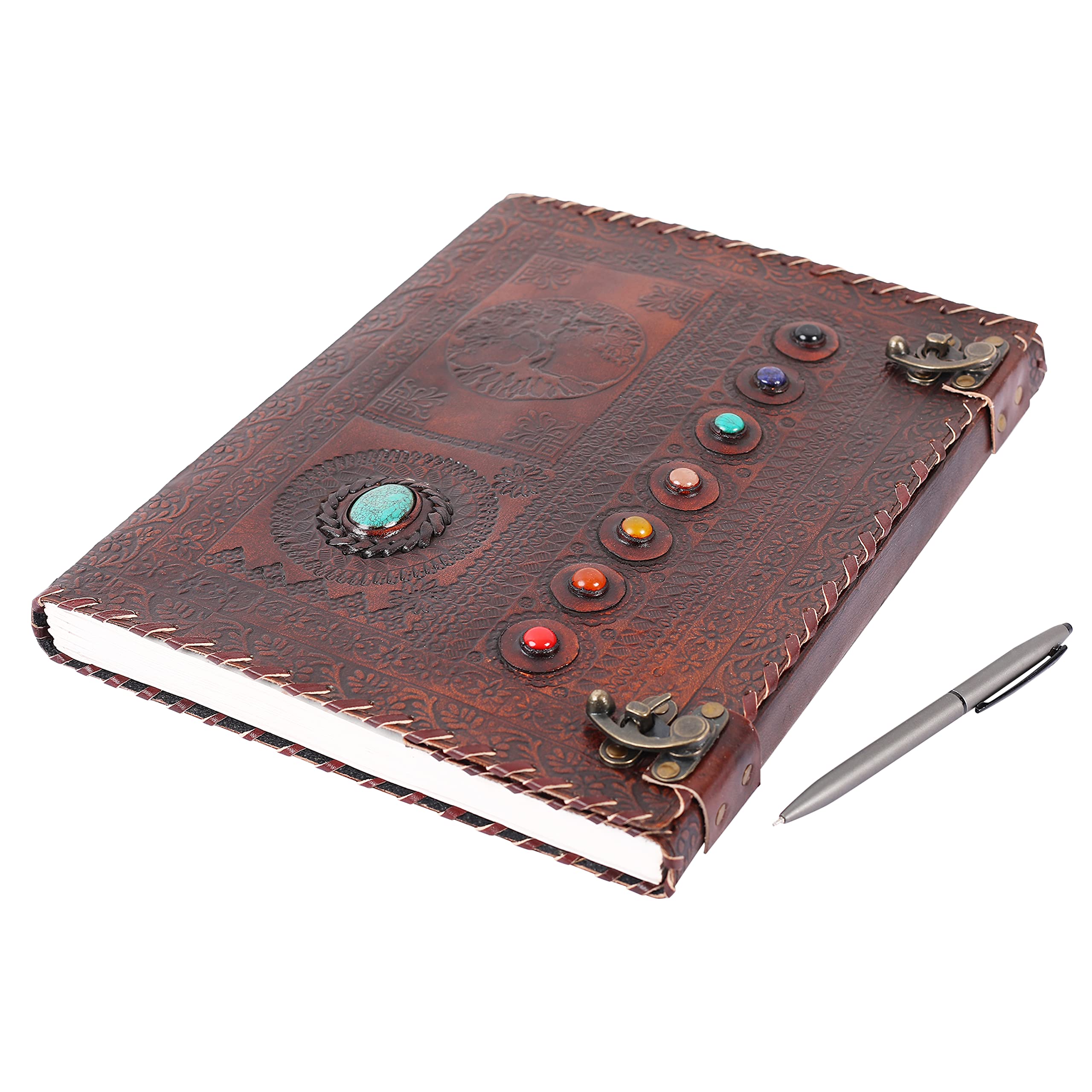 OVERDOSE Leather Journal - Handmade Antique Journal For Students & Office For Men Women Diary Leather Sketchbook Drawing - Size 10 X 13 Inches | 25 X 33 cm (Tree Of Life With Stone)