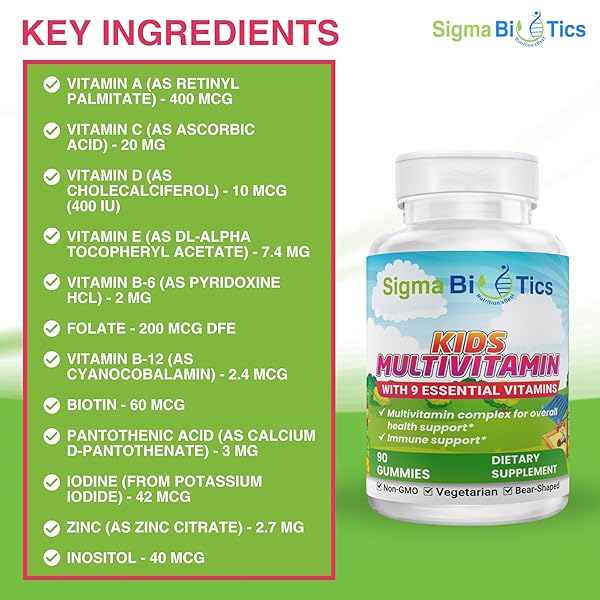SIGMABIOTICS KIDS MULTIVITAMIN GUMMIES – BEAR-SHAPED FOR IMMUNE SUPPORT AND GROWTH – NON-GMO, VEGETARIAN DAILY GUMMIES – EXCITING FLAVORS – MULTIVITAMINS FOR KIDS – 45 SERVINGS