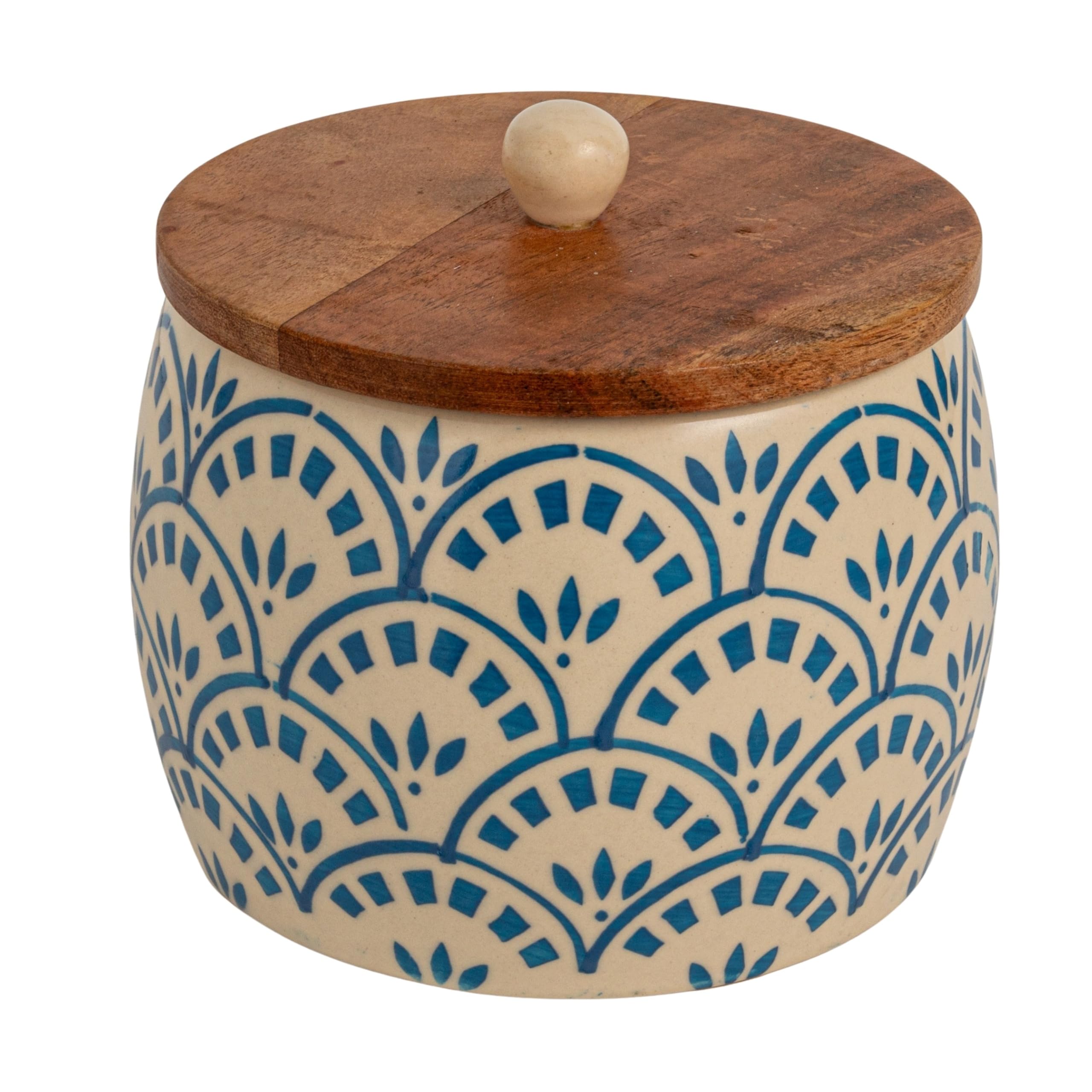 Photo 1 of Creative Co-Op Stoneware Canister with Lid, Cream Color, Blue and Natural