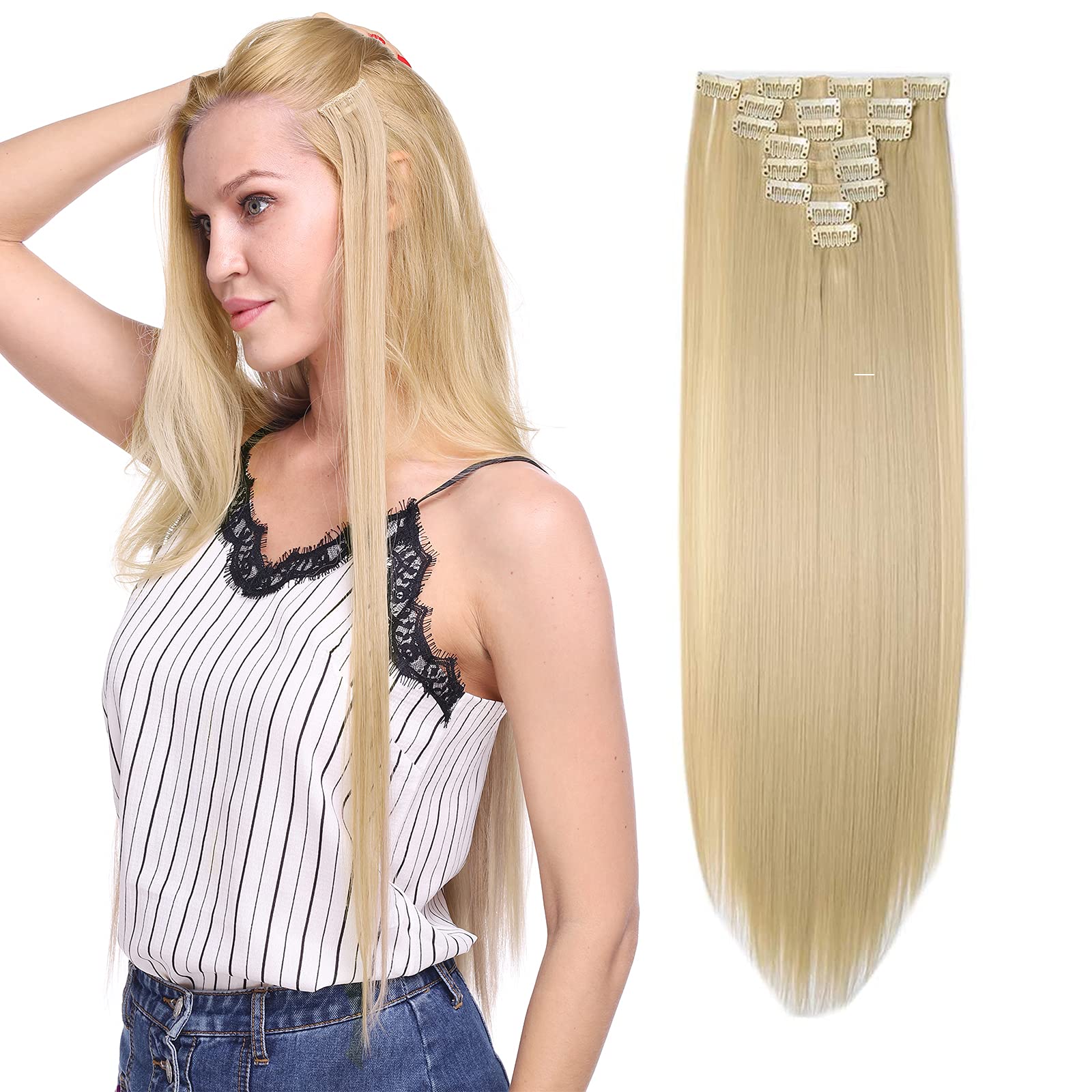 Clip in Hair Extensions 8Pcs 23inch Long Straight for Full Head 18 Clips Synthetic Hairpiece Extension -Bleach Blond