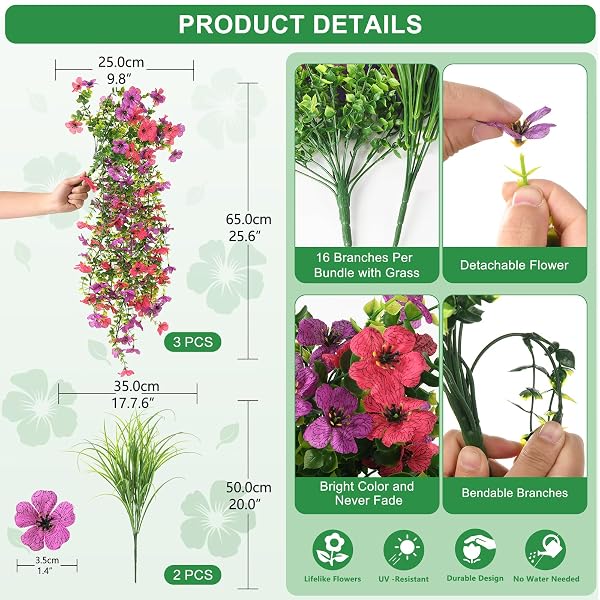 ARTIFICIAL HANGING FLOWERS FOR OUTDOORS WITH WHEAT GRASS, 5 PCS FAKE HANGING PLANTS FOR SPRING DECOR, UV RESISTANT FAUX SILK FLOWER GREENRY FOR PLANTER PORCH PATIO YARD GARDEN(PURPLE HOT PINK)