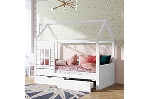 Aoowow Twin Size Kids House Bed with 2 Drawers, Wooden Twin Bed Frame with Window and Roof for Bedroom, Modern Twin Size Kid Playhouse Bed with Slats for Boys Girls, Can be Decorated, White