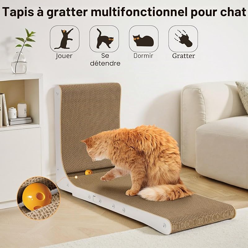 Griffoir Chat Carton en Forme de L 68cm, Épais avec Boules en Peluche et à Grelot, Grande Taille à Fixer au Mur, Jouet pour Protéger Meubles