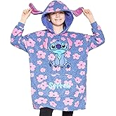 Disney Stitch Fleece Hoodie Blanket for Kids and Teenagers - One Size Fluffy Oversized Hoodie - Stitch Gifts (Blue Stitch Floral)